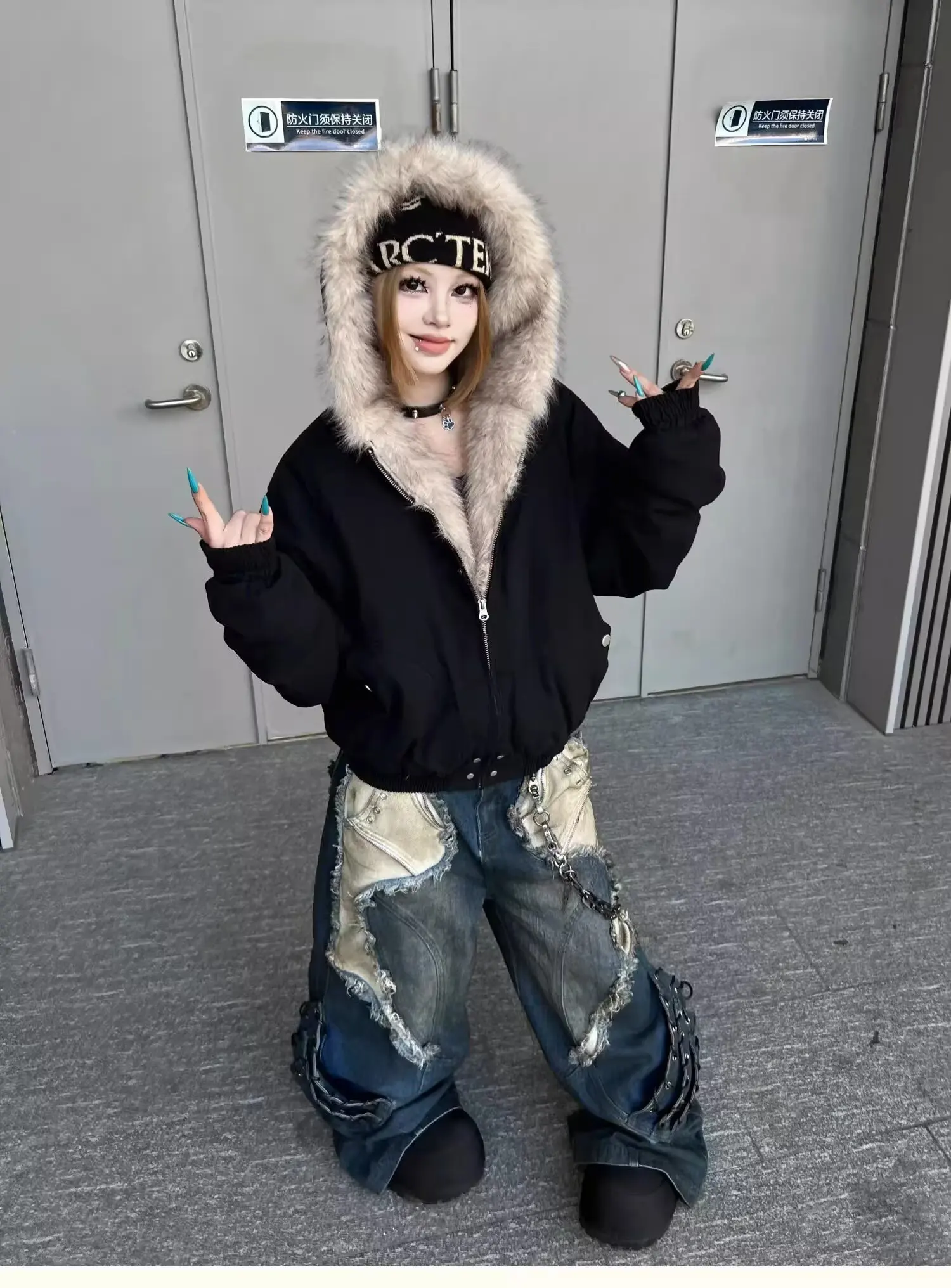 Vintage Patchwork Distressed Jeans Hip Hop Loose Wide Leg Cargo Pants Women's Washed Distressed Denim Trousers