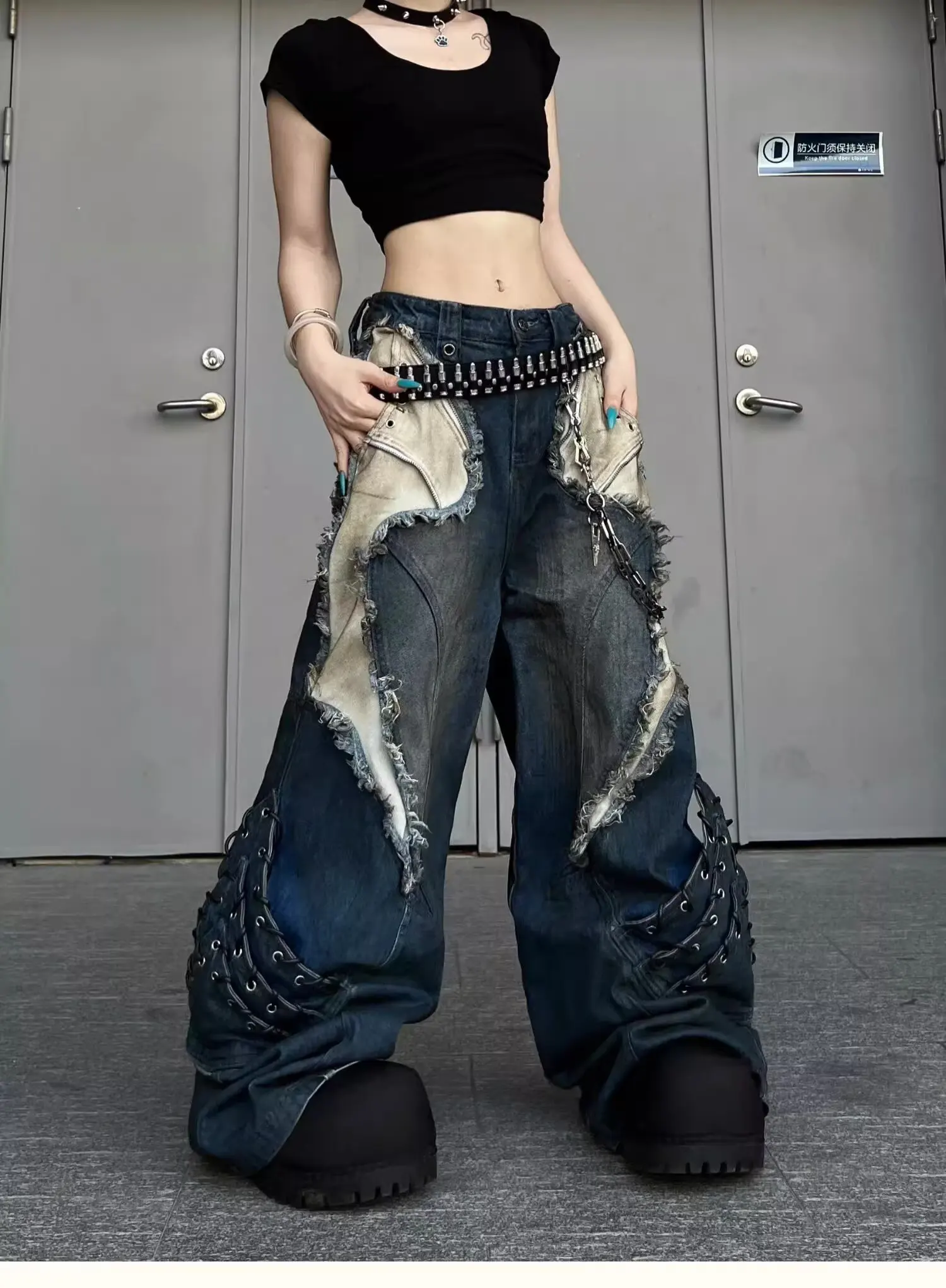 Vintage Patchwork Distressed Jeans Hip Hop Loose Wide Leg Cargo Pants Women's Washed Distressed Denim Trousers