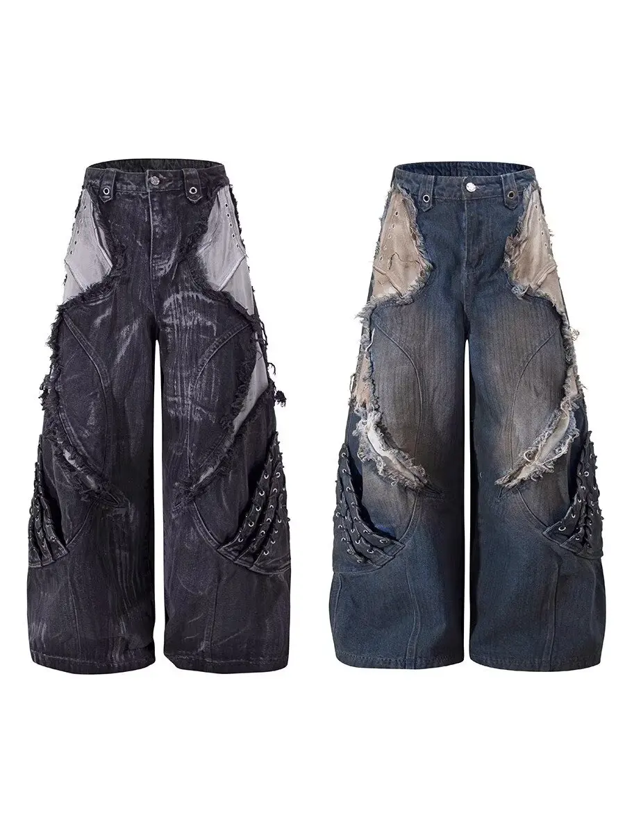 Vintage Patchwork Distressed Jeans Hip Hop Loose Wide Leg Cargo Pants Women's Washed Distressed Denim Trousers