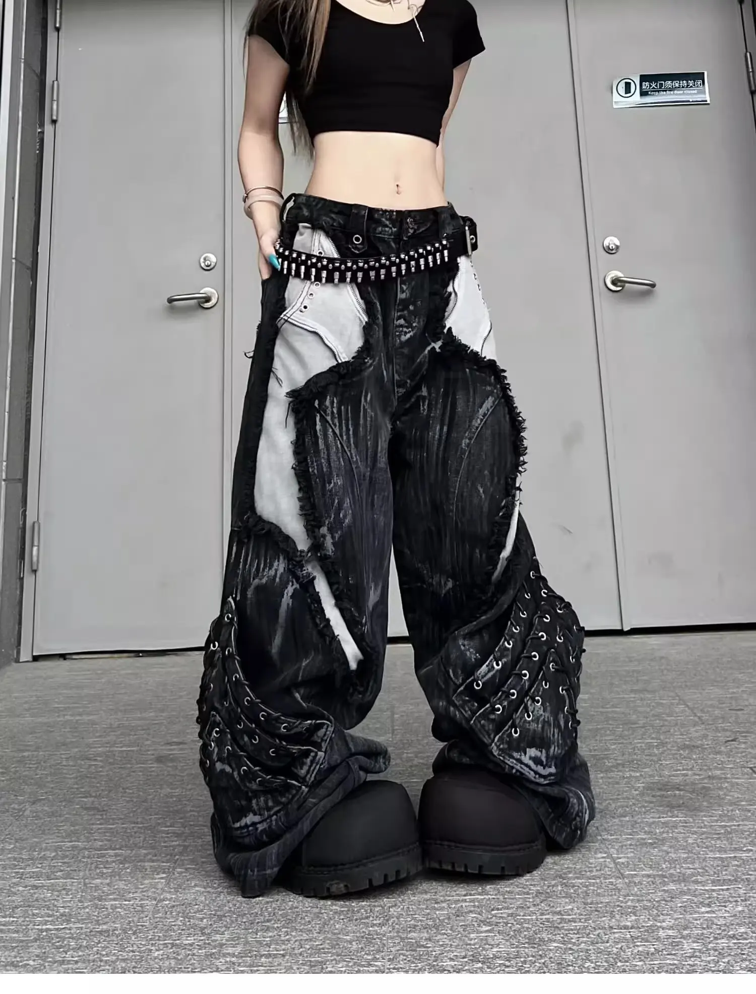 Vintage Patchwork Distressed Jeans Hip Hop Loose Wide Leg Cargo Pants Women's Washed Distressed Denim Trousers