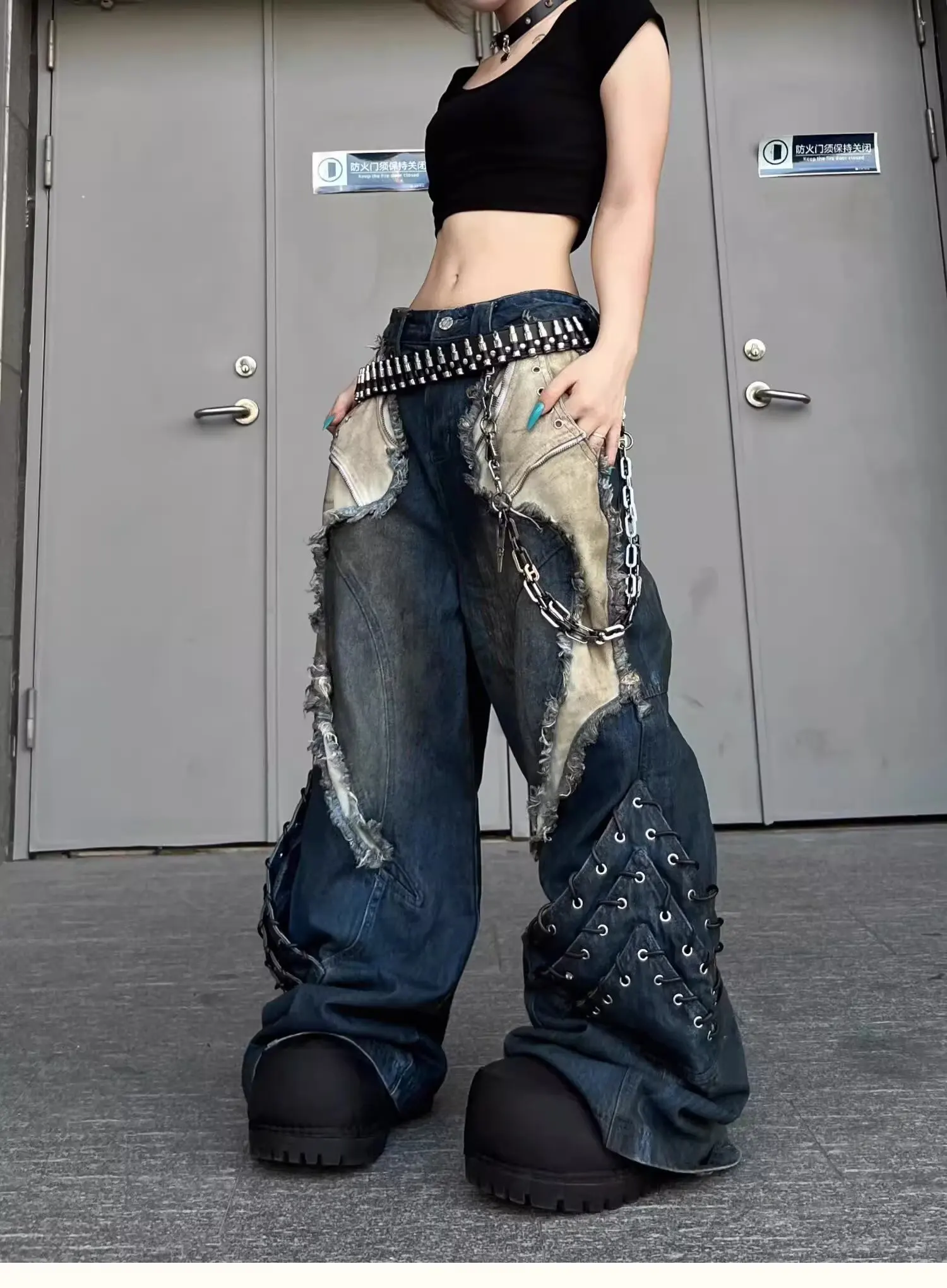Vintage Patchwork Distressed Jeans Hip Hop Loose Wide Leg Cargo Pants Women's Washed Distressed Denim Trousers