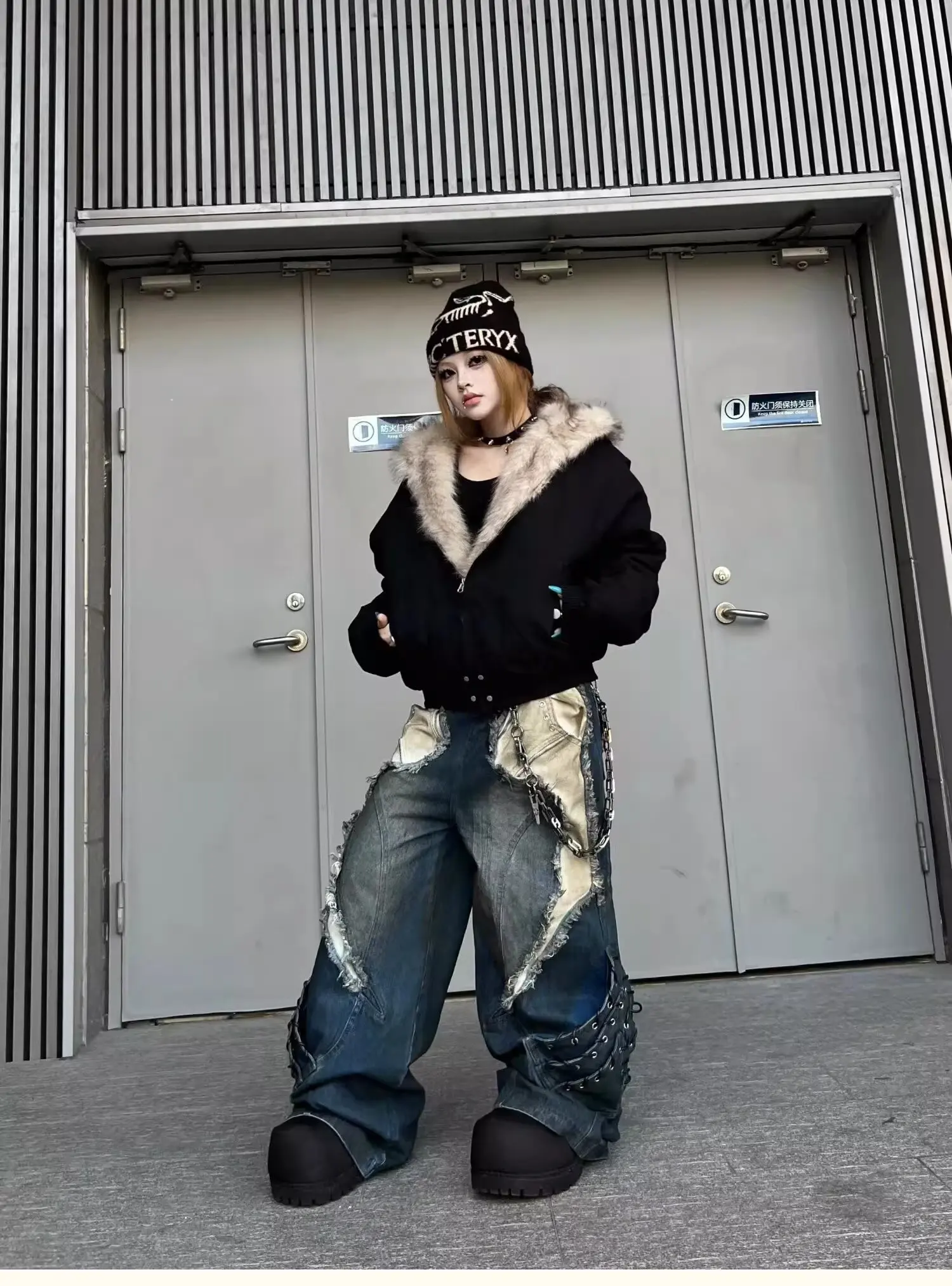 Vintage Patchwork Distressed Jeans Hip Hop Loose Wide Leg Cargo Pants Women's Washed Distressed Denim Trousers