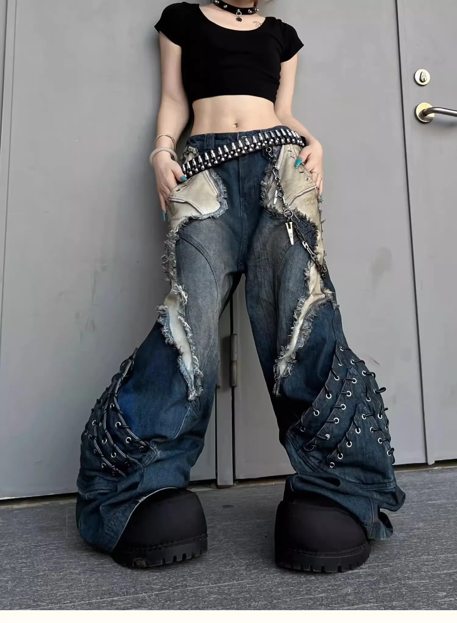 Vintage Patchwork Distressed Jeans Hip Hop Loose Wide Leg Cargo Pants Women's Washed Distressed Denim Trousers
