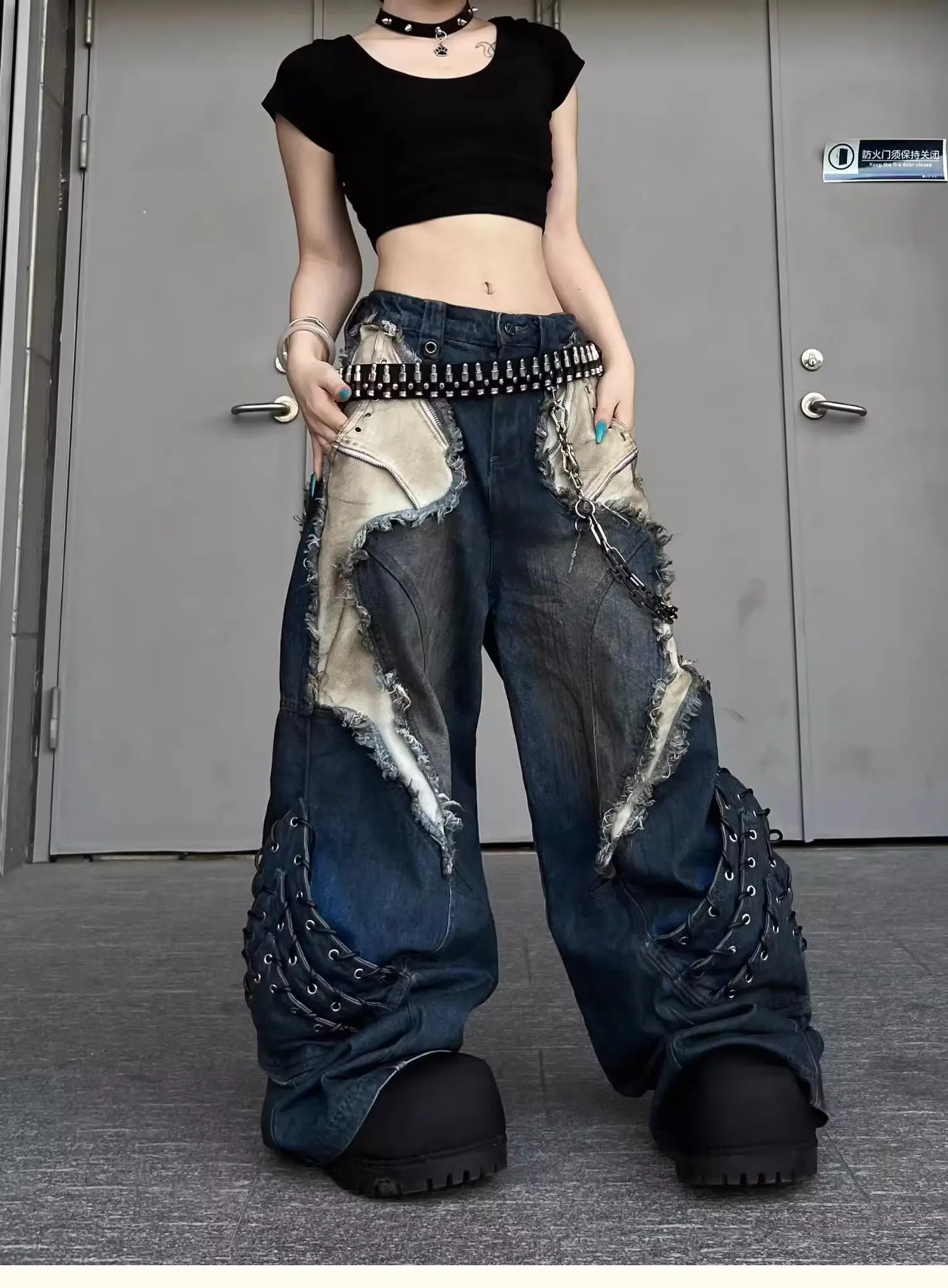 Vintage Patchwork Distressed Jeans Hip Hop Loose Wide Leg Cargo Pants Women's Washed Distressed Denim Trousers