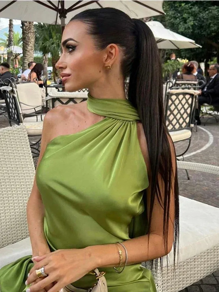 Elegant Women's Satin Ribbon Halter Long Dress Sexy Sleeveless Backless Maxi Dresses Wedding Guest Evening Party Gown Green Blue