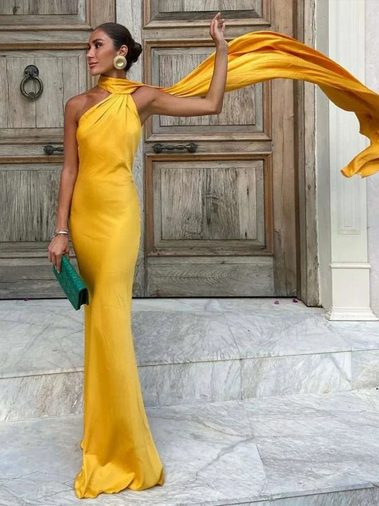 Elegant Women's Satin Ribbon Halter Long Dress Sexy Sleeveless Backless Maxi Dresses Wedding Guest Evening Party Gown Green Blue