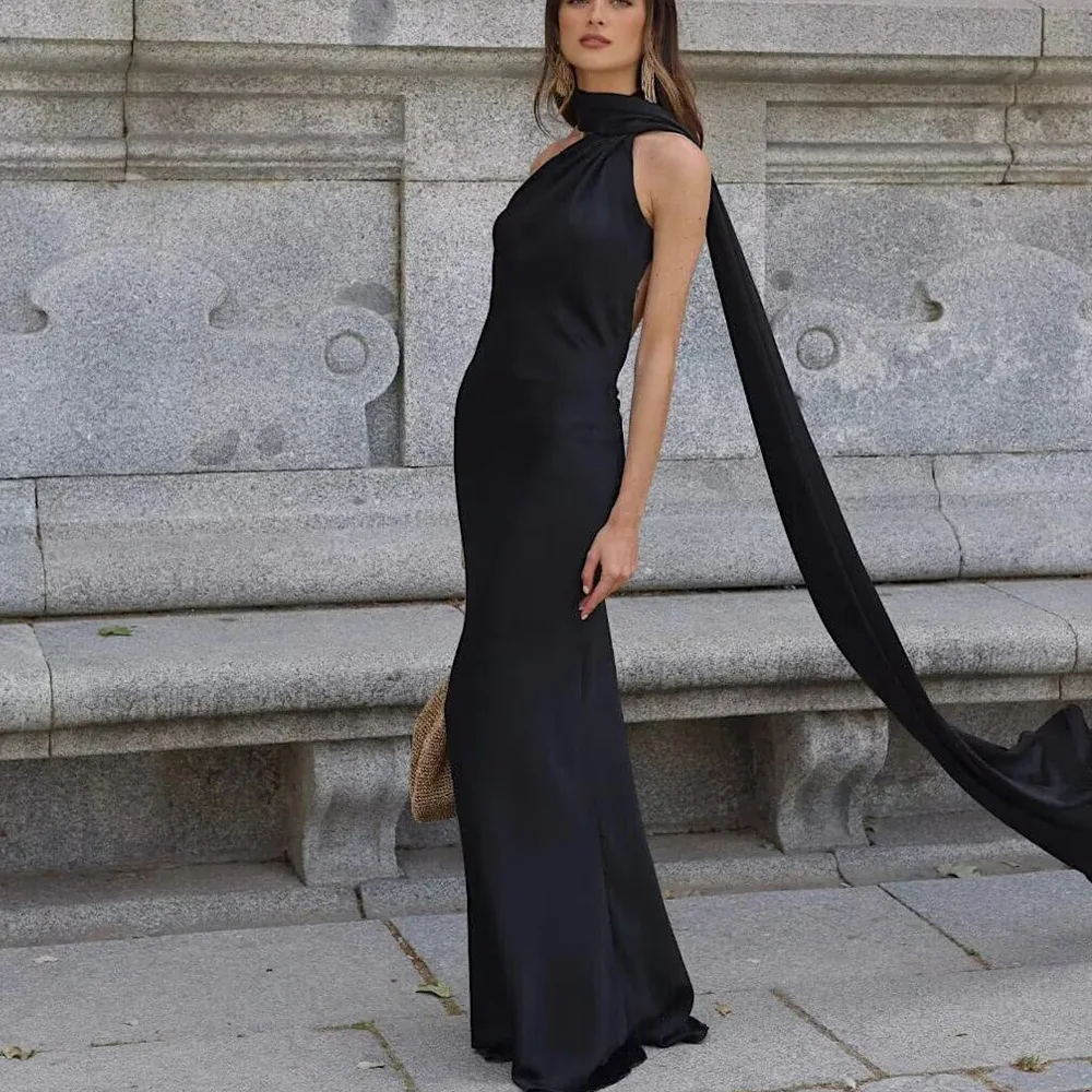 Elegant Women's Satin Ribbon Halter Long Dress Sexy Sleeveless Backless Maxi Dresses Wedding Guest Evening Party Gown Green Blue