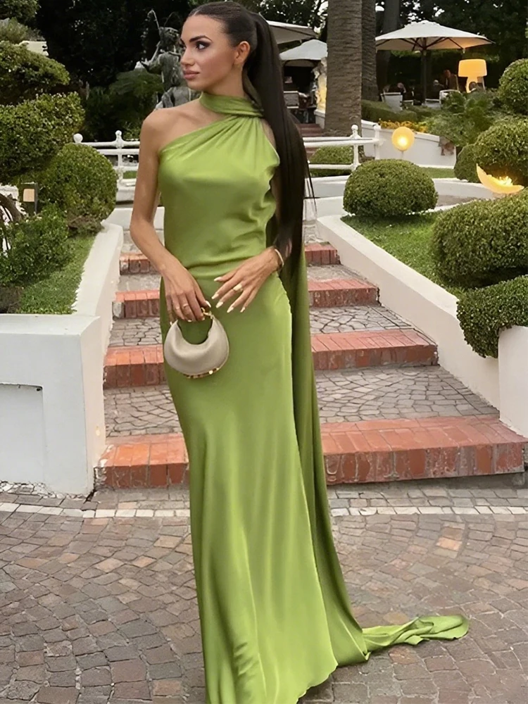 Elegant Women's Satin Ribbon Halter Long Dress Sexy Sleeveless Backless Maxi Dresses Wedding Guest Evening Party Gown Green Blue