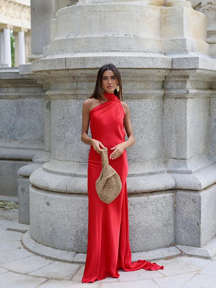 Elegant Women's Satin Ribbon Halter Long Dress Sexy Sleeveless Backless Maxi Dresses Wedding Guest Evening Party Gown Green Blue