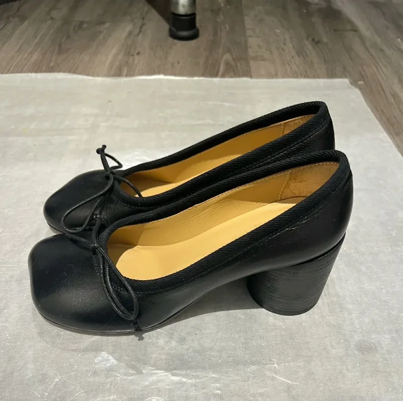 Bowknot Chunky Heel Mary Jane Shoes Women Round Heel Leather Shallow Women Pumps Fashion Heels for Women Brand Ballet Shoes