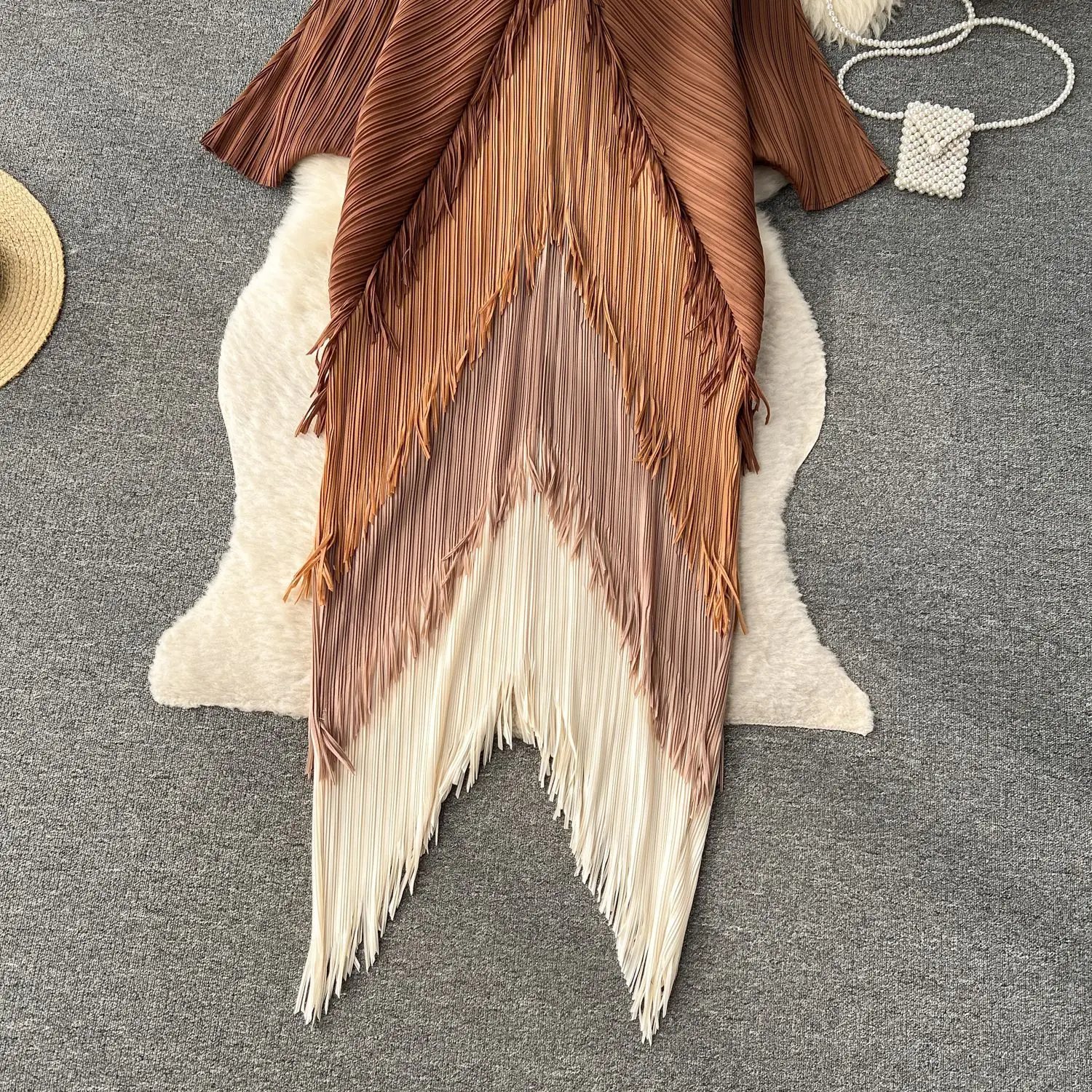 Miyake Tassel Patchwok Color Block Dress for Women Pleated Batwing Sleeve Mid-calf Dresses Fashion Female 2025 Summer