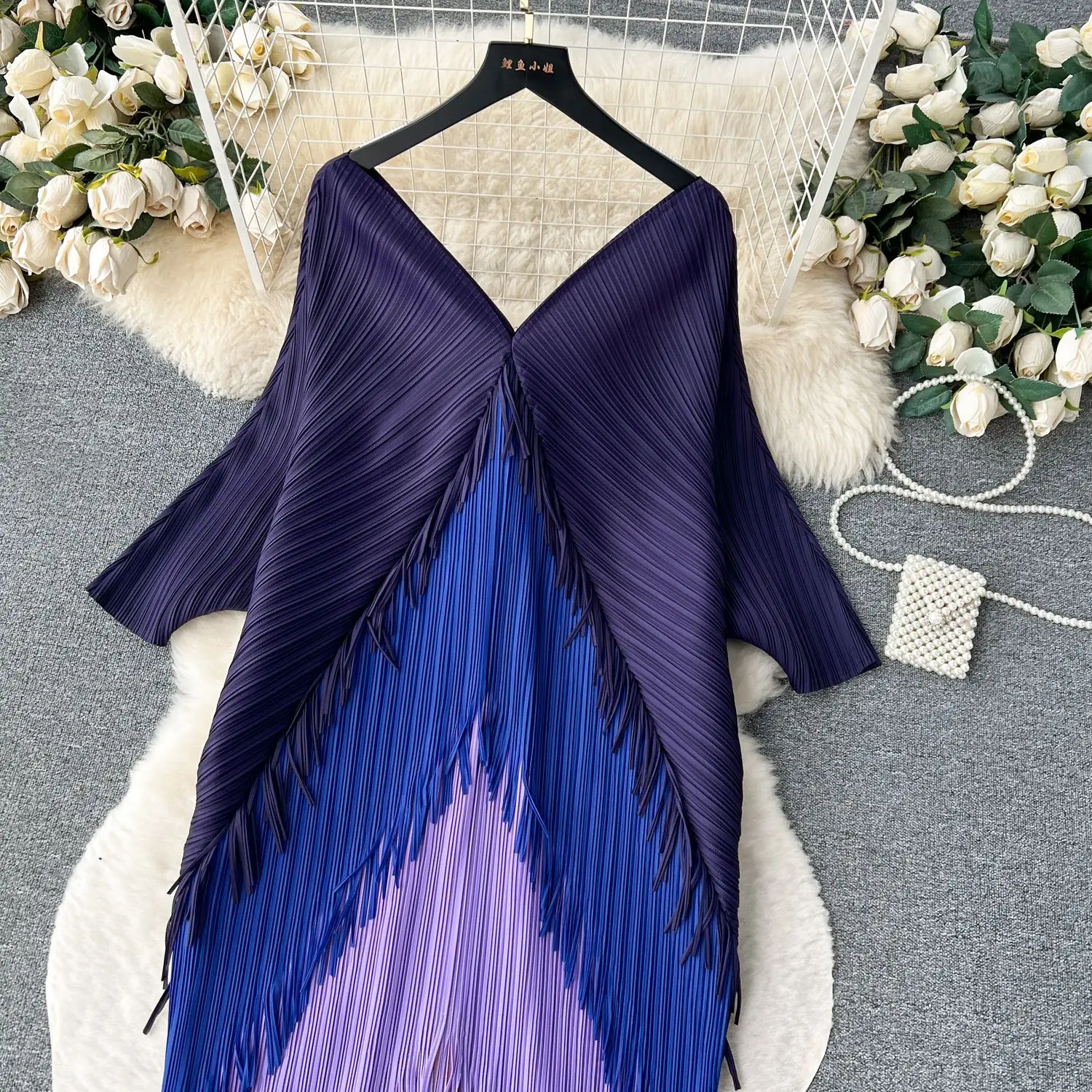 Miyake Tassel Patchwok Color Block Dress for Women Pleated Batwing Sleeve Mid-calf Dresses Fashion Female 2025 Summer