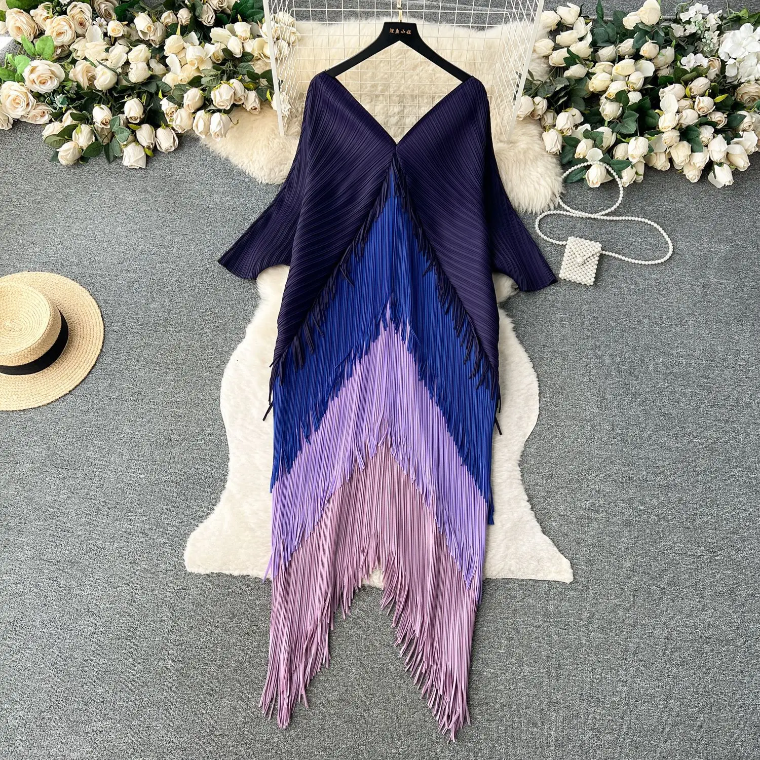 Miyake Tassel Patchwok Color Block Dress for Women Pleated Batwing Sleeve Mid-calf Dresses Fashion Female 2025 Summer