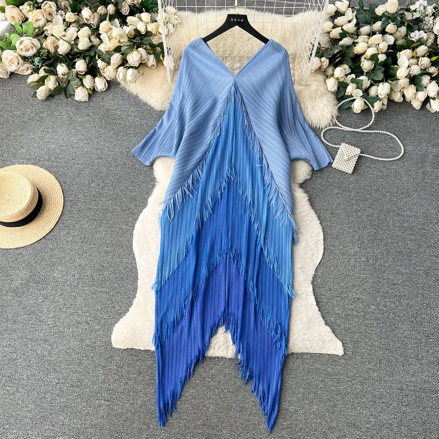 Miyake Tassel Patchwok Color Block Dress for Women Pleated Batwing Sleeve Mid-calf Dresses Fashion Female 2025 Summer