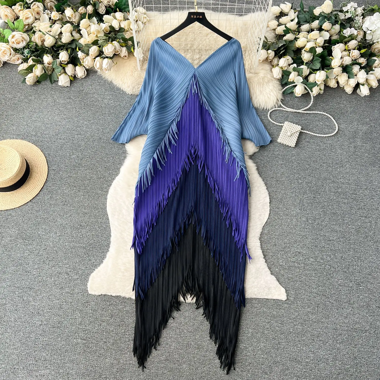 Miyake Tassel Patchwok Color Block Dress for Women Pleated Batwing Sleeve Mid-calf Dresses Fashion Female 2025 Summer