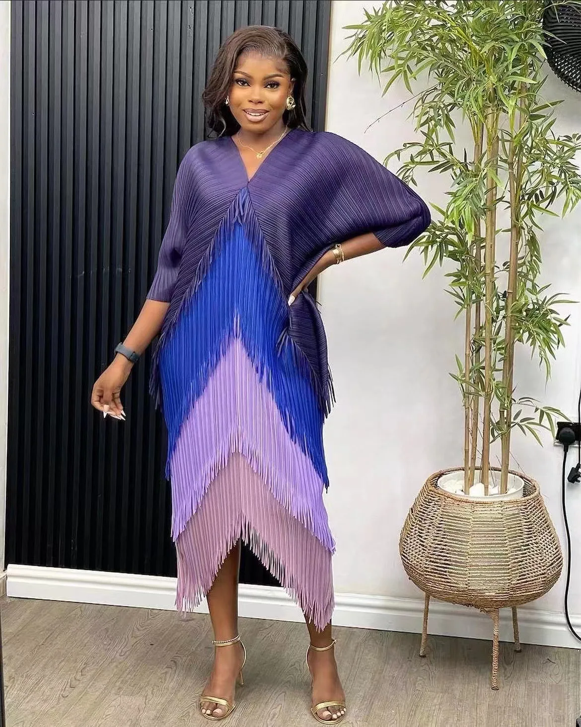 Miyake Tassel Patchwok Color Block Dress for Women Pleated Batwing Sleeve Mid-calf Dresses Fashion Female 2025 Summer
