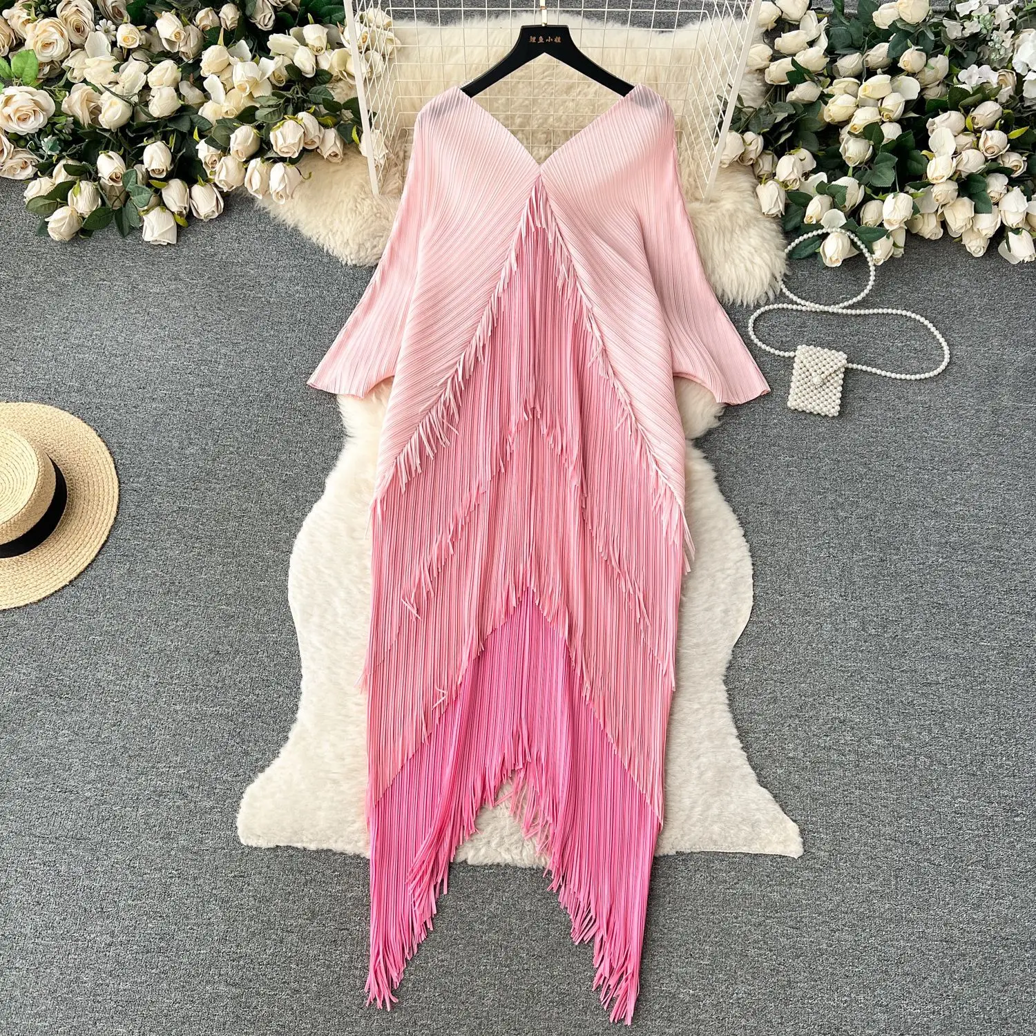 Miyake Tassel Patchwok Color Block Dress for Women Pleated Batwing Sleeve Mid-calf Dresses Fashion Female 2025 Summer