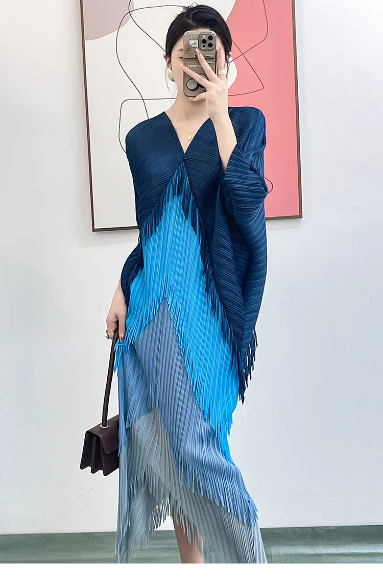 Miyake Tassel Patchwok Color Block Dress for Women Pleated Batwing Sleeve Mid-calf Dresses Fashion Female 2025 Summer