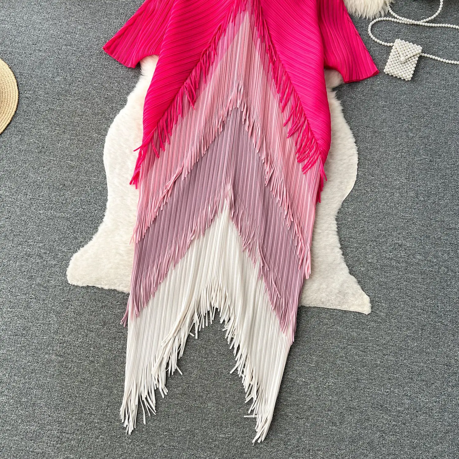 Miyake Tassel Patchwok Color Block Dress for Women Pleated Batwing Sleeve Mid-calf Dresses Fashion Female 2025 Summer