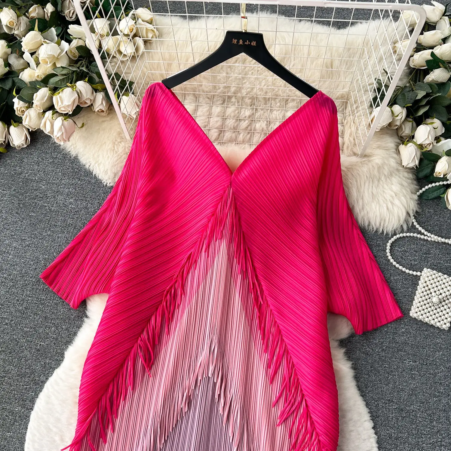 Miyake Tassel Patchwok Color Block Dress for Women Pleated Batwing Sleeve Mid-calf Dresses Fashion Female 2025 Summer