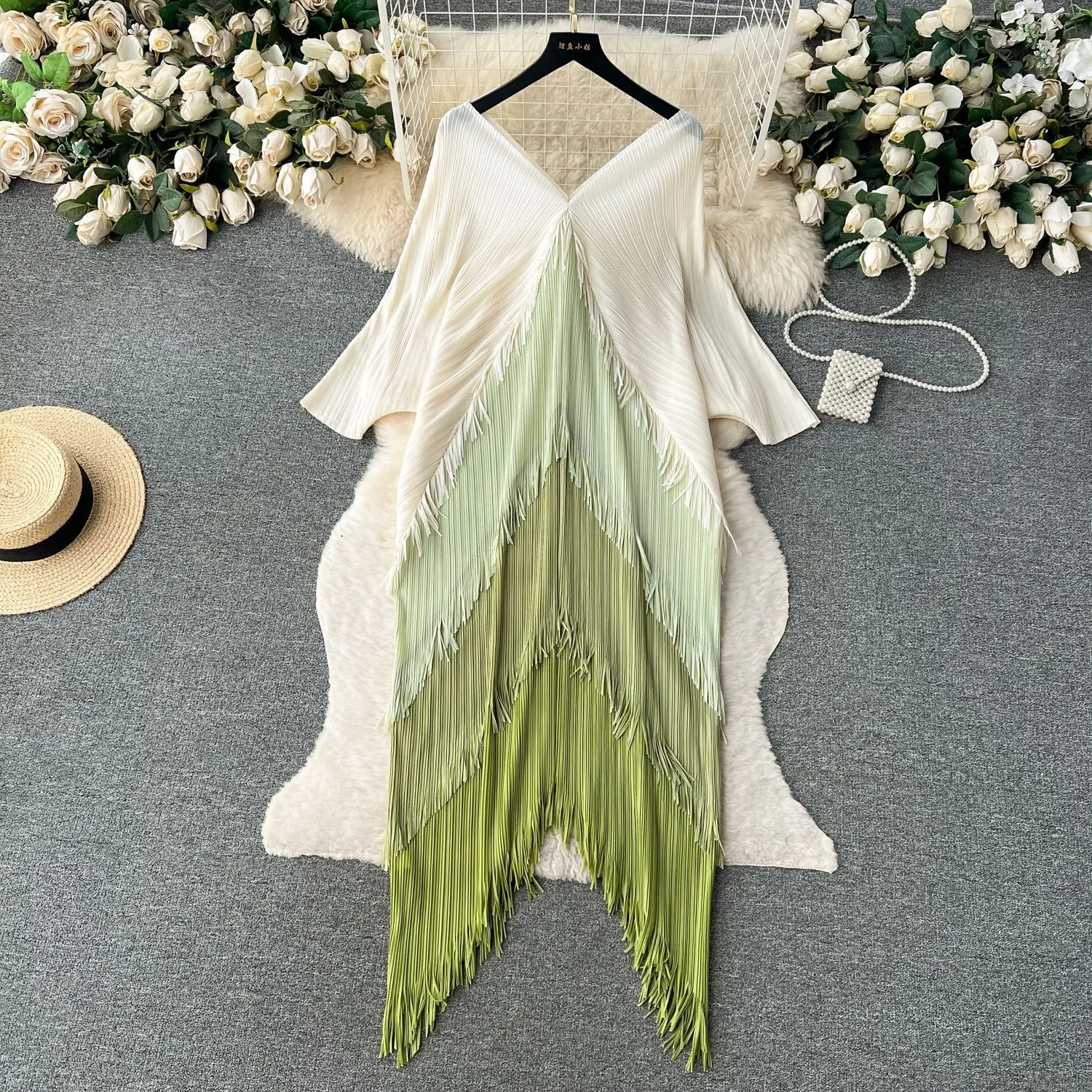 Miyake Tassel Patchwok Color Block Dress for Women Pleated Batwing Sleeve Mid-calf Dresses Fashion Female 2025 Summer