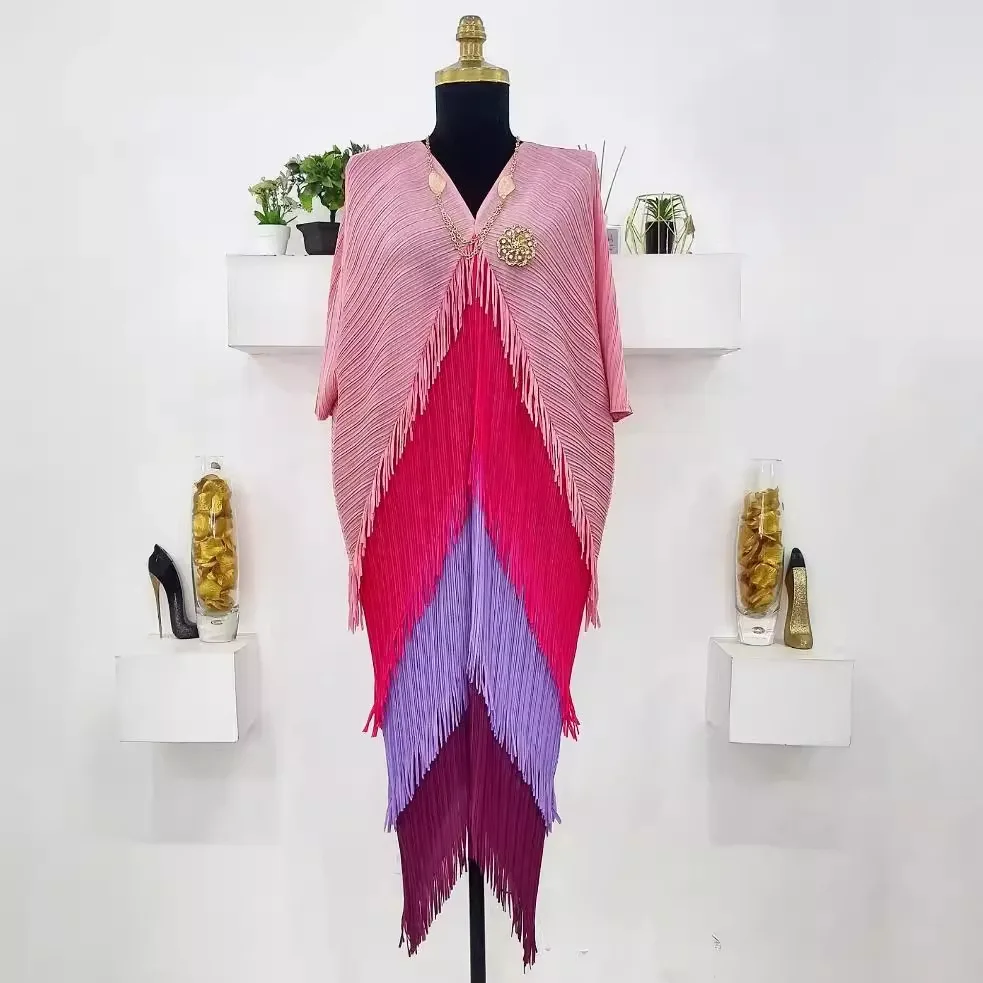 Miyake Tassel Patchwok Color Block Dress for Women Pleated Batwing Sleeve Mid-calf Dresses Fashion Female 2025 Summer
