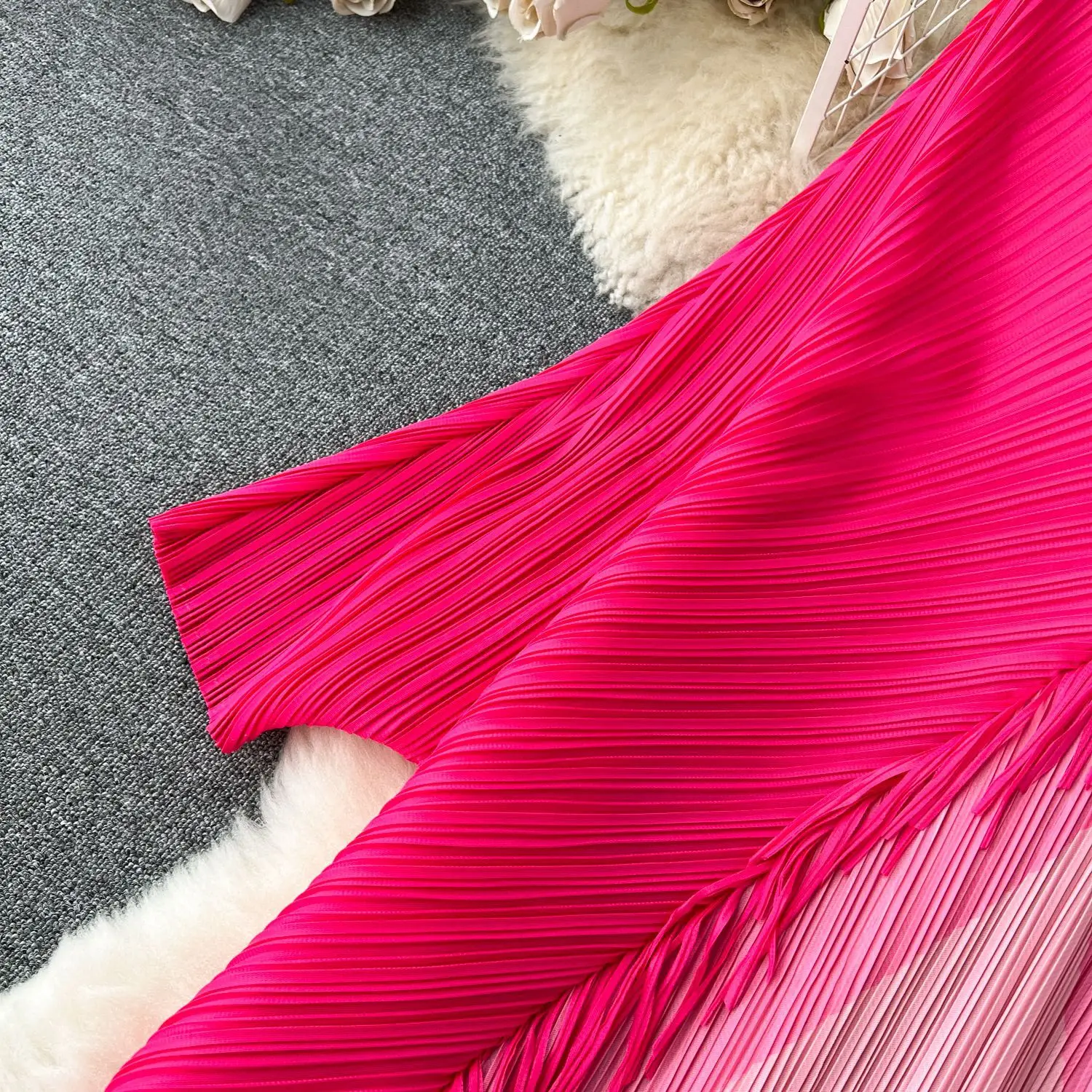 Miyake Tassel Patchwok Color Block Dress for Women Pleated Batwing Sleeve Mid-calf Dresses Fashion Female 2025 Summer