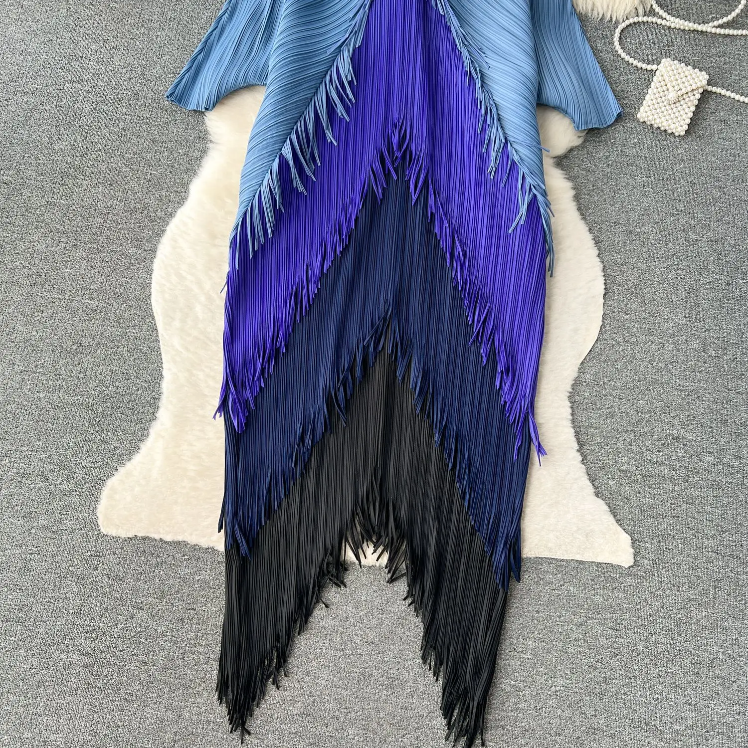 Miyake Tassel Patchwok Color Block Dress for Women Pleated Batwing Sleeve Mid-calf Dresses Fashion Female 2025 Summer