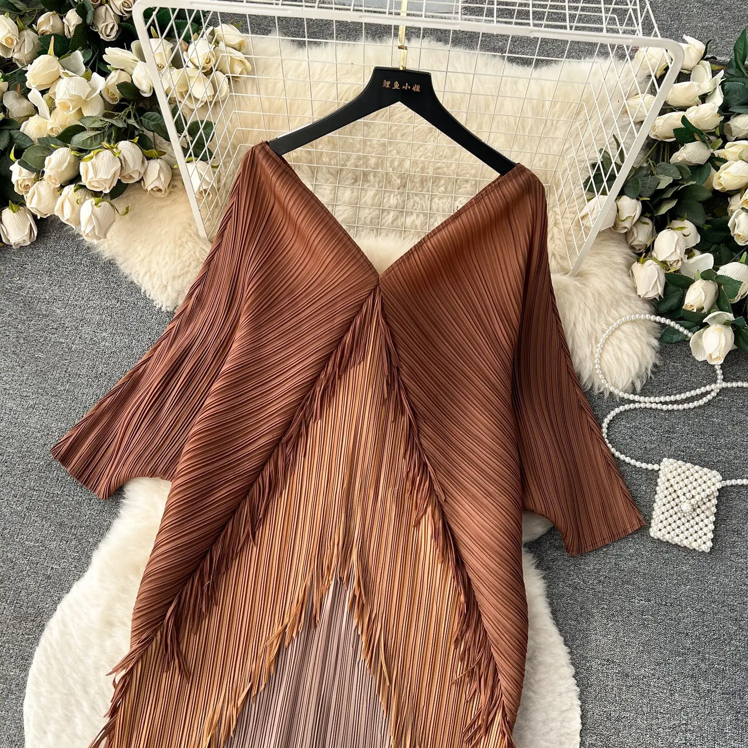 Miyake Tassel Patchwok Color Block Dress for Women Pleated Batwing Sleeve Mid-calf Dresses Fashion Female 2025 Summer