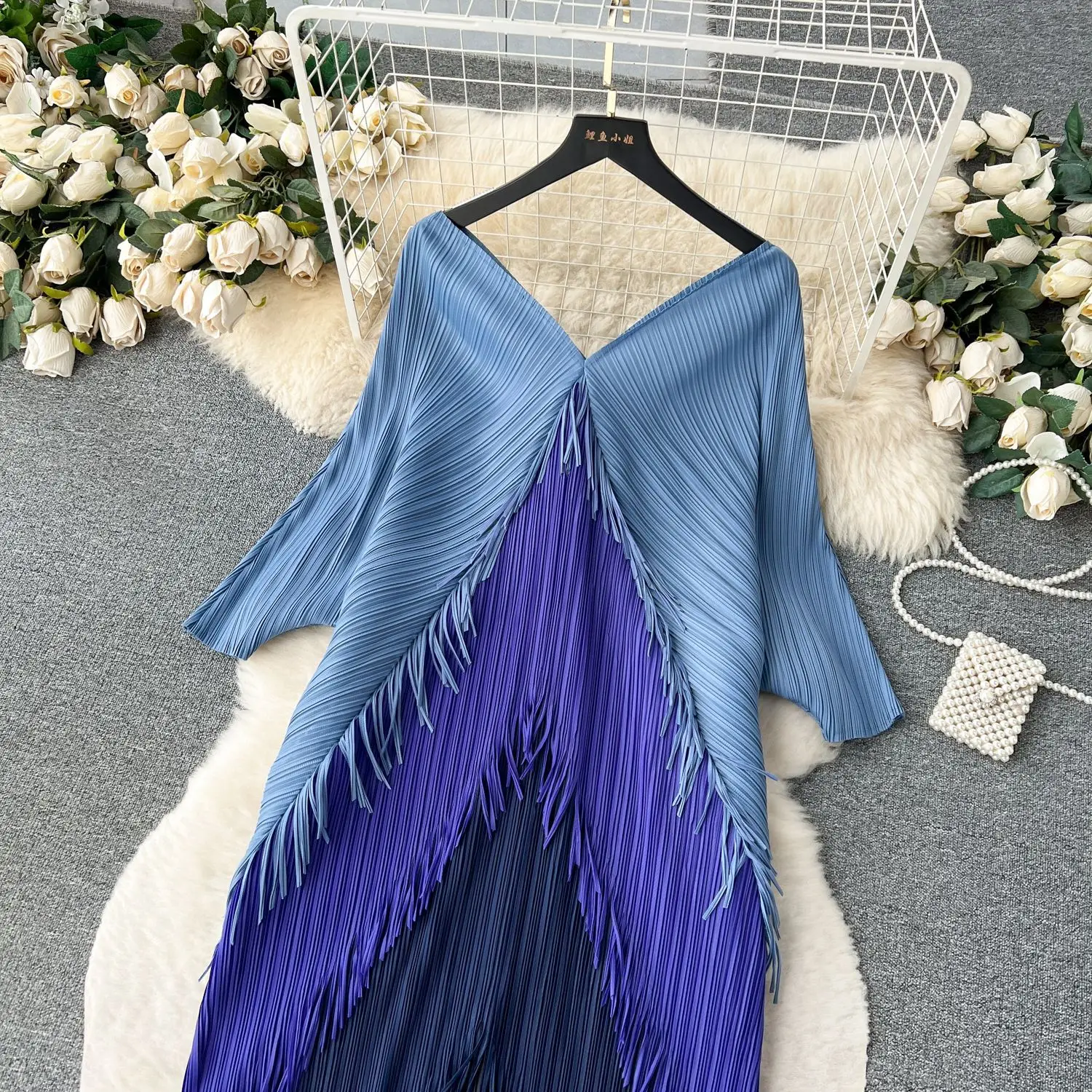 Miyake Tassel Patchwok Color Block Dress for Women Pleated Batwing Sleeve Mid-calf Dresses Fashion Female 2025 Summer