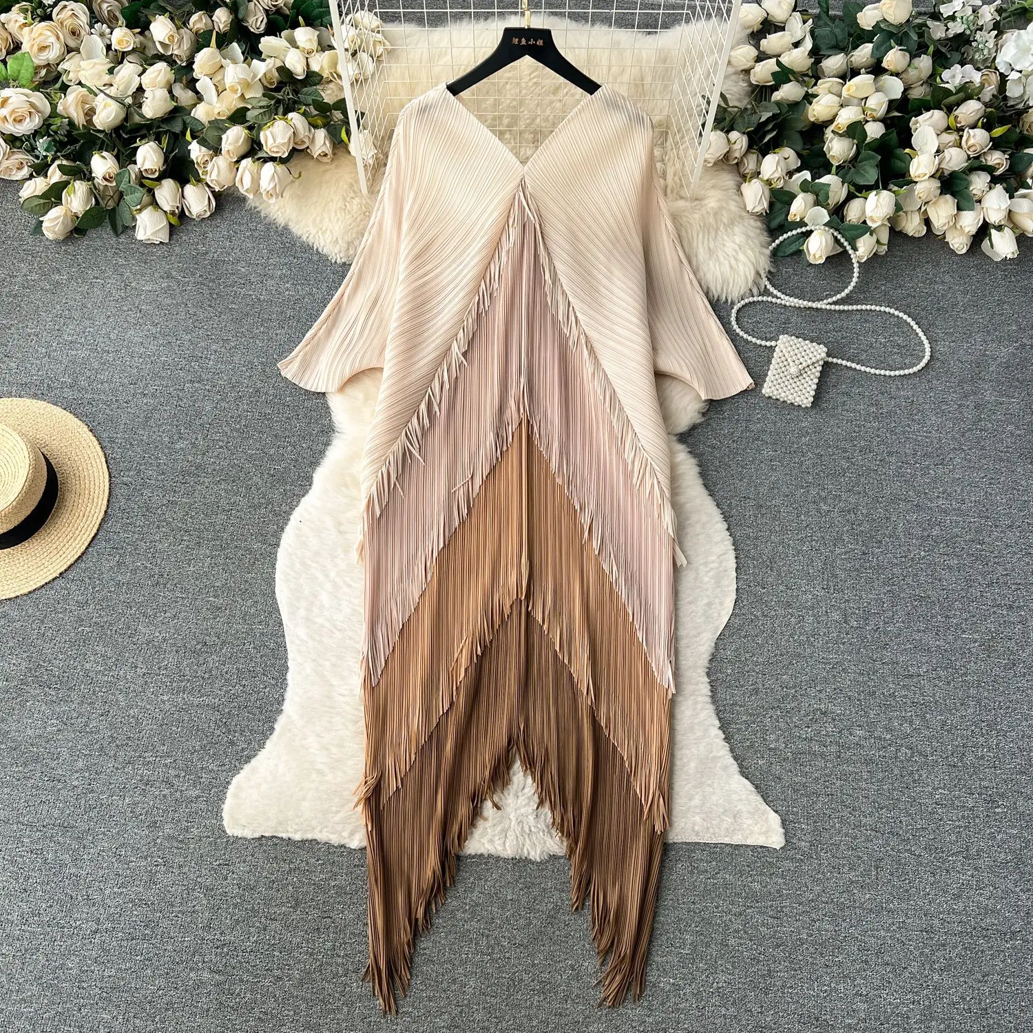 Miyake Tassel Patchwok Color Block Dress for Women Pleated Batwing Sleeve Mid-calf Dresses Fashion Female 2025 Summer