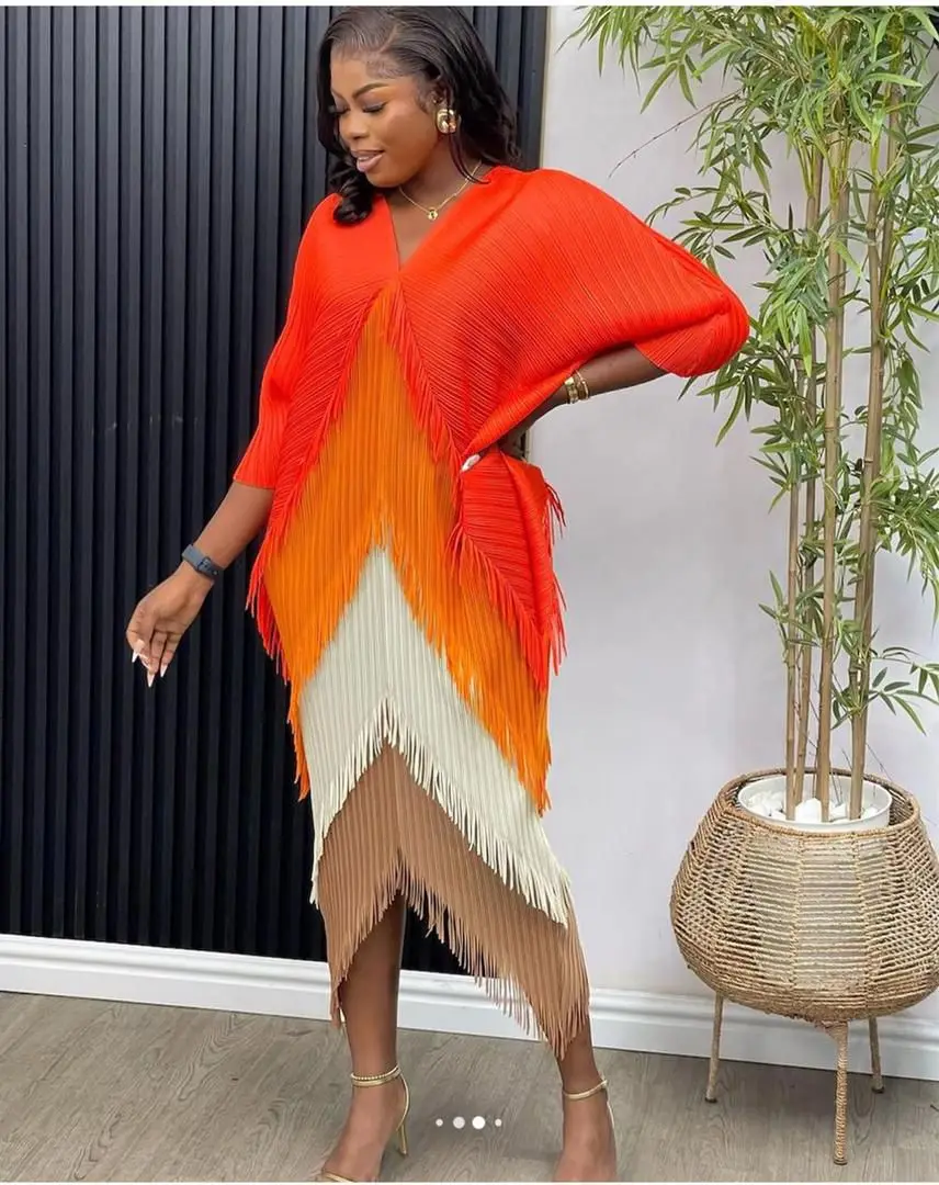 Miyake Tassel Patchwok Color Block Dress for Women Pleated Batwing Sleeve Mid-calf Dresses Fashion Female 2025 Summer