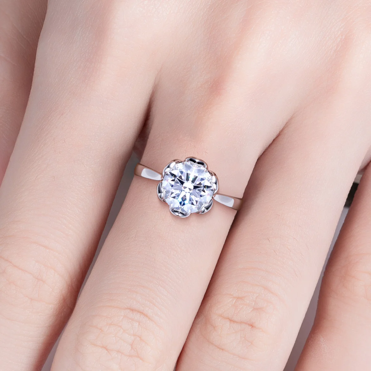 AnuJewel 3ct D Color Moissanite Lotus Engagement Ring 925 Sterling Silver Solitaire Promise Rings for Women Jewelry Gifts