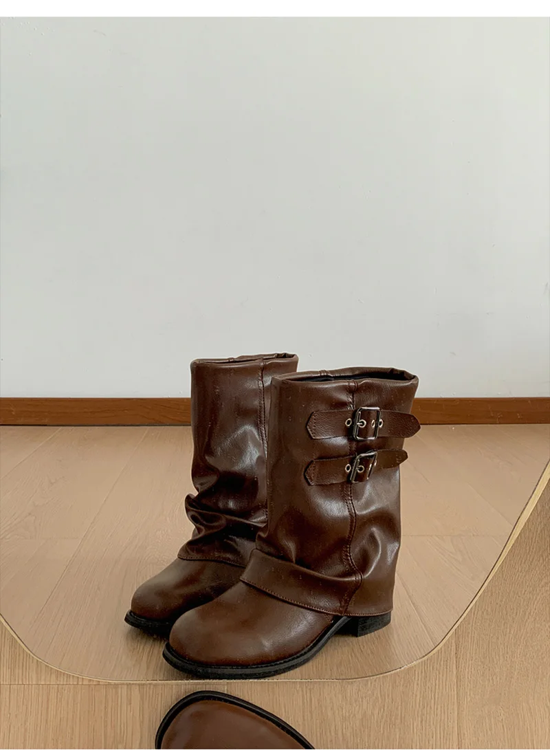 Vintage Thick Heel Women Western Ankle Boots Eelgant Belt Buckle Shoes Ladies Cosy Soft Leather Short Booties