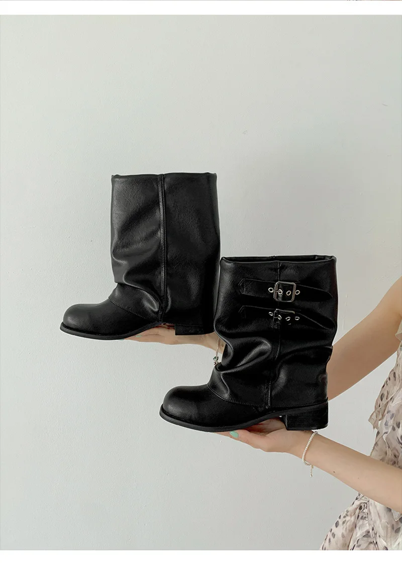 Vintage Thick Heel Women Western Ankle Boots Eelgant Belt Buckle Shoes Ladies Cosy Soft Leather Short Booties