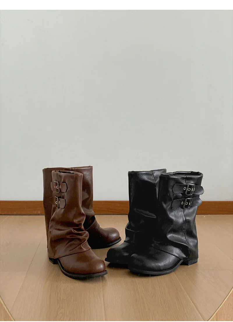 Vintage Thick Heel Women Western Ankle Boots Eelgant Belt Buckle Shoes Ladies Cosy Soft Leather Short Booties