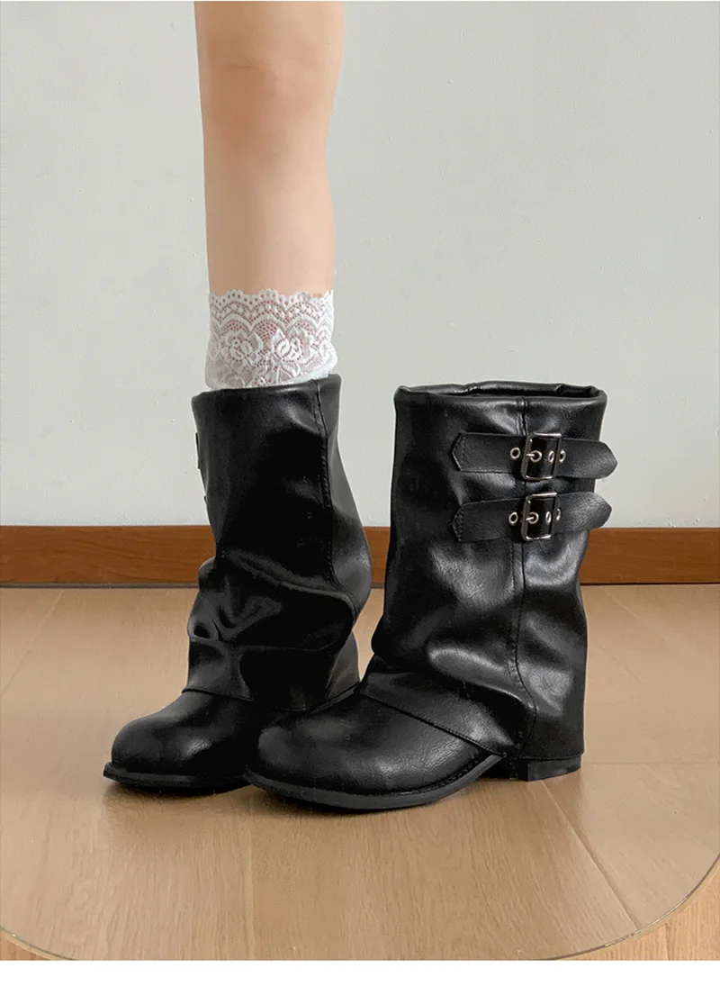 Vintage Thick Heel Women Western Ankle Boots Eelgant Belt Buckle Shoes Ladies Cosy Soft Leather Short Booties