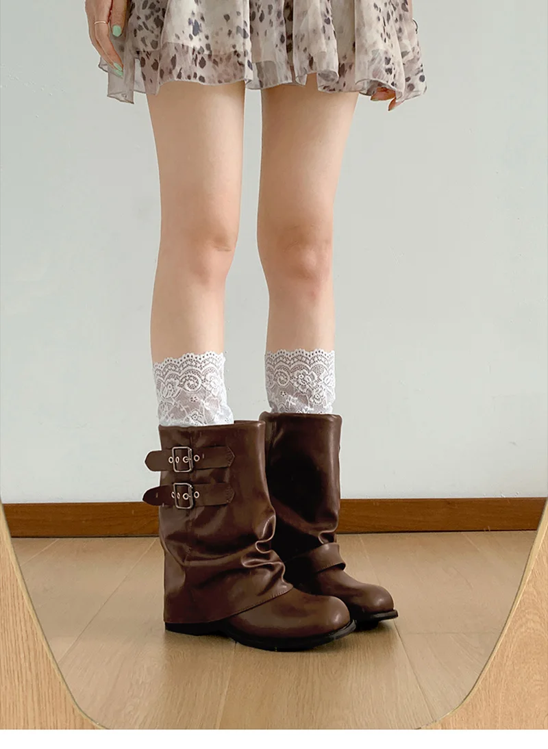 Vintage Thick Heel Women Western Ankle Boots Eelgant Belt Buckle Shoes Ladies Cosy Soft Leather Short Booties