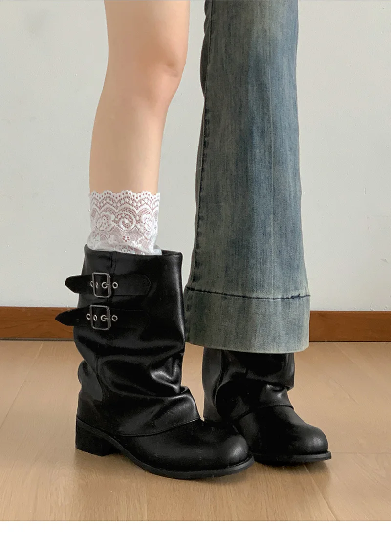 Vintage Thick Heel Women Western Ankle Boots Eelgant Belt Buckle Shoes Ladies Cosy Soft Leather Short Booties