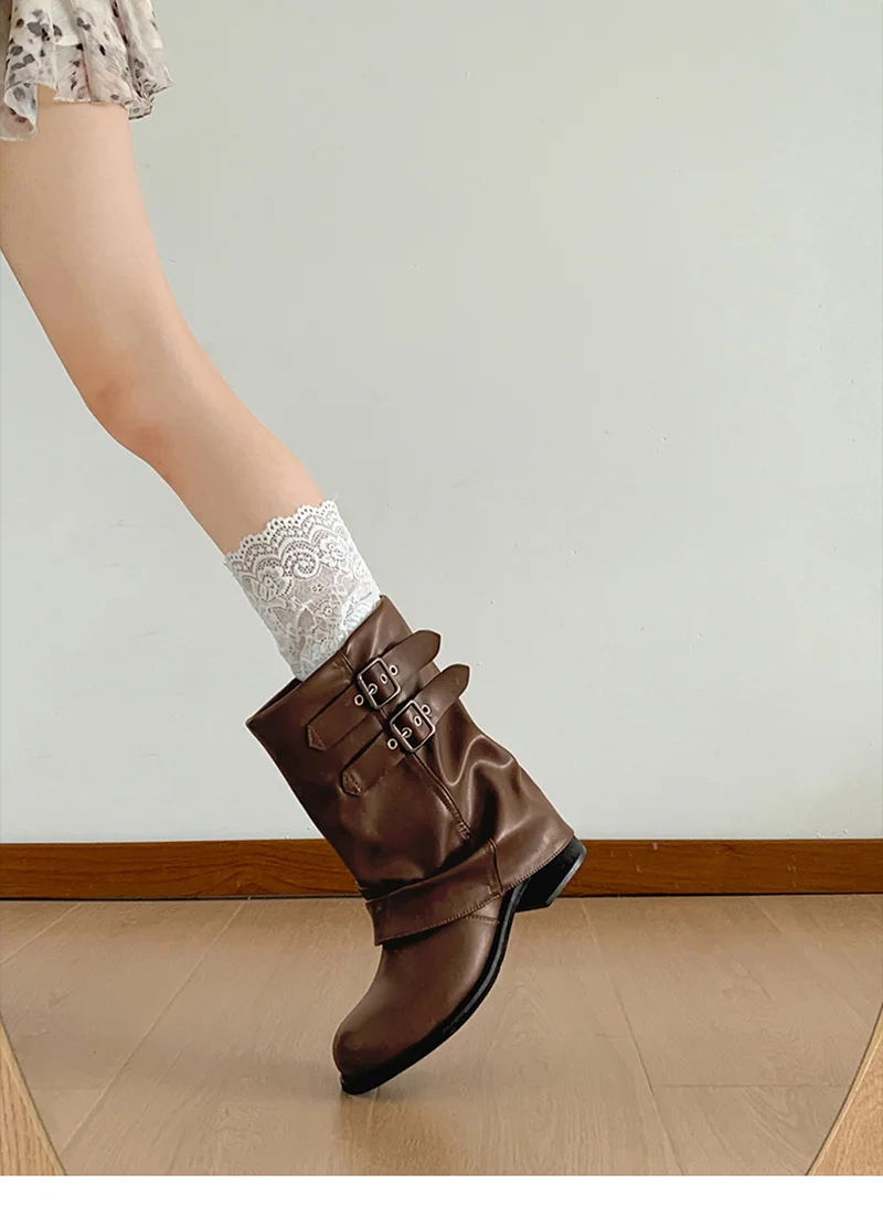 Vintage Thick Heel Women Western Ankle Boots Eelgant Belt Buckle Shoes Ladies Cosy Soft Leather Short Booties