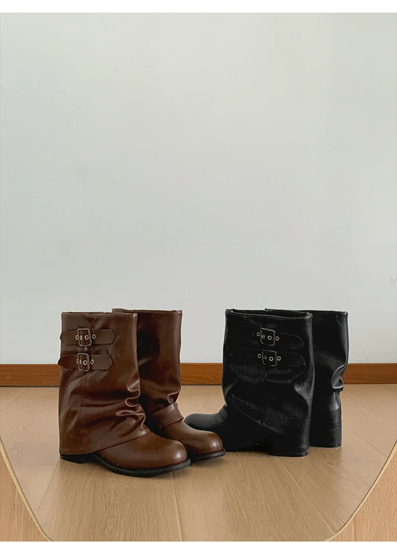 Vintage Thick Heel Women Western Ankle Boots Eelgant Belt Buckle Shoes Ladies Cosy Soft Leather Short Booties