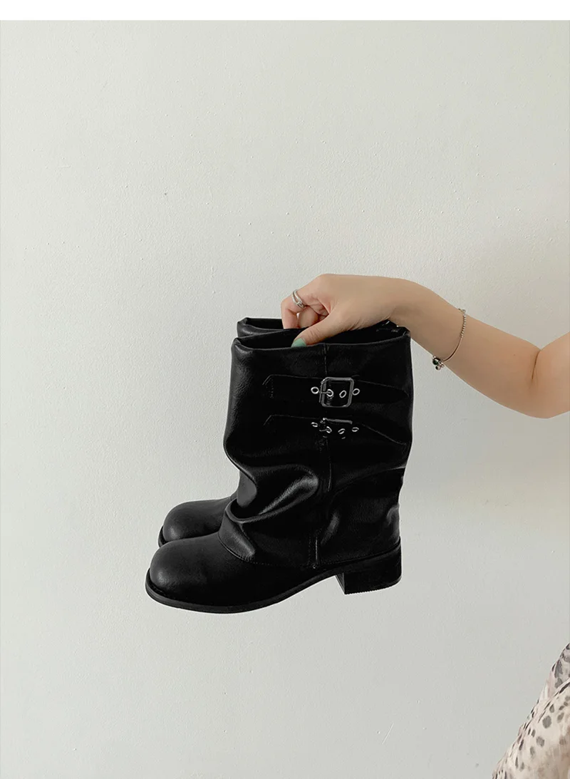 Vintage Thick Heel Women Western Ankle Boots Eelgant Belt Buckle Shoes Ladies Cosy Soft Leather Short Booties