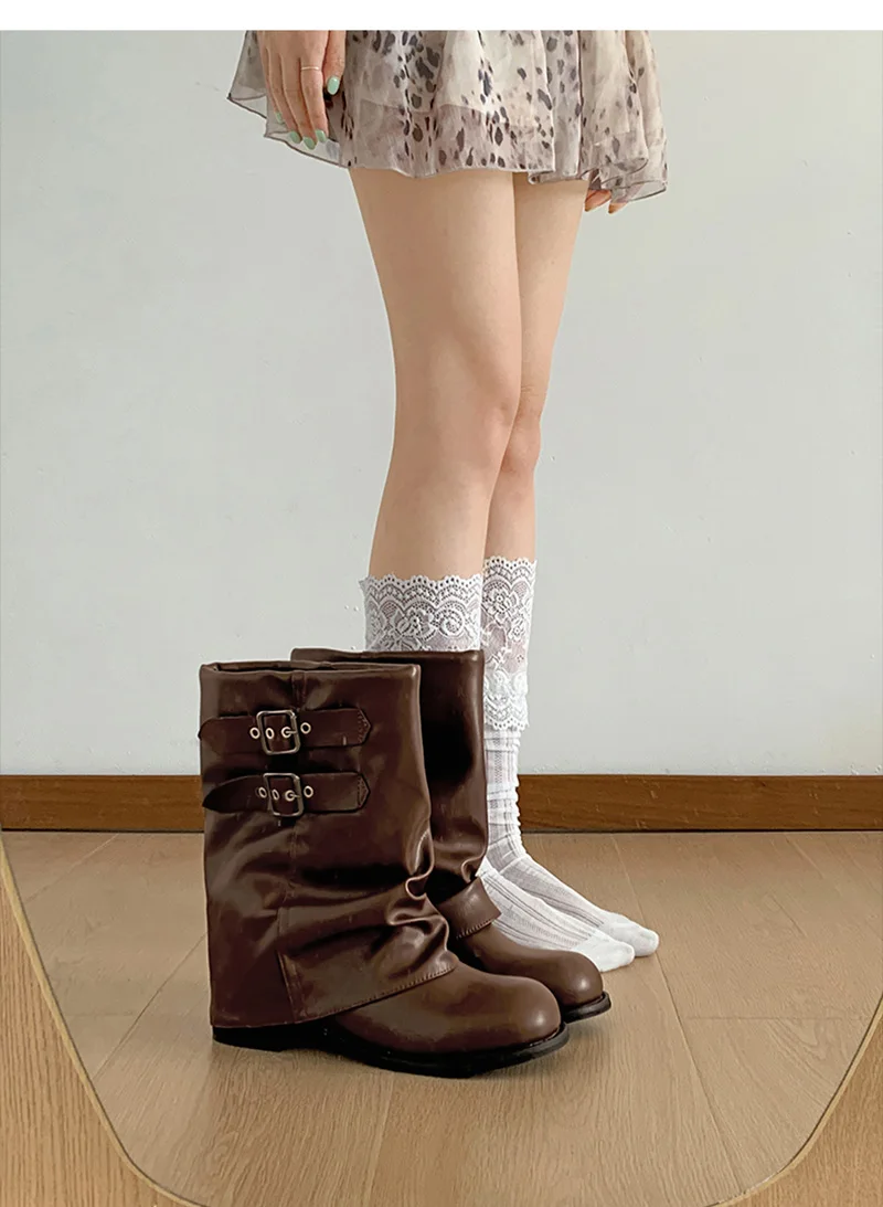 Vintage Thick Heel Women Western Ankle Boots Eelgant Belt Buckle Shoes Ladies Cosy Soft Leather Short Booties