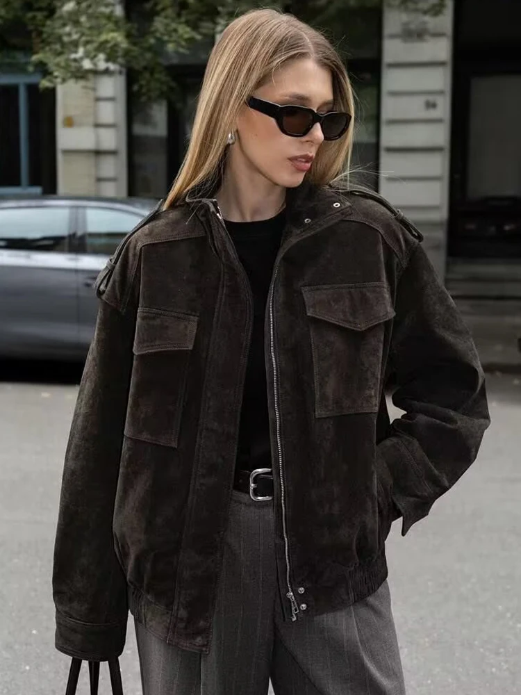 SLTNX Women Suede Jacket 2026 New Spring Fashion Long Sleeve Zipper Loose Jackets Coat Chic Female High Street Casual Outerwear