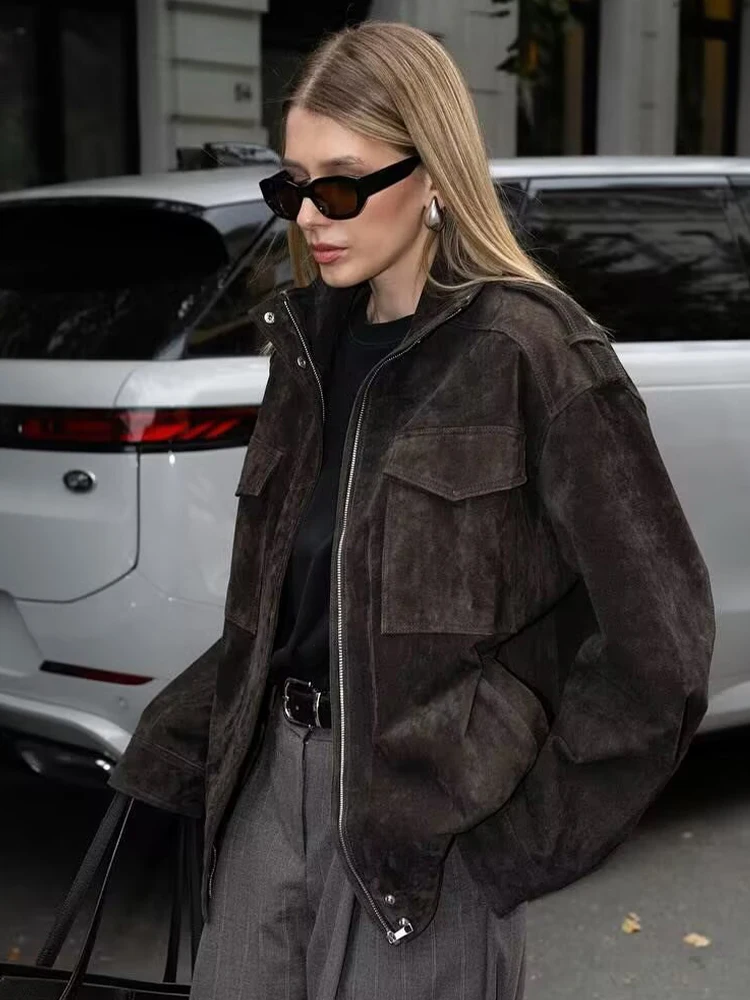 SLTNX Women Suede Jacket 2026 New Spring Fashion Long Sleeve Zipper Loose Jackets Coat Chic Female High Street Casual Outerwear
