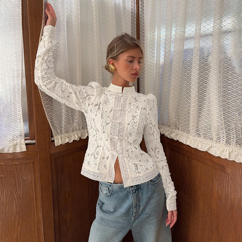 Linad Elegant Embroidery Puff Sleeve White Shirts Summer Sexy Hollow Out Lace Blouse Casual Sand Collar Top 2025 Vintage Shirts