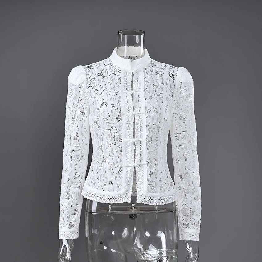 Linad Elegant Embroidery Puff Sleeve White Shirts Summer Sexy Hollow Out Lace Blouse Casual Sand Collar Top 2025 Vintage Shirts