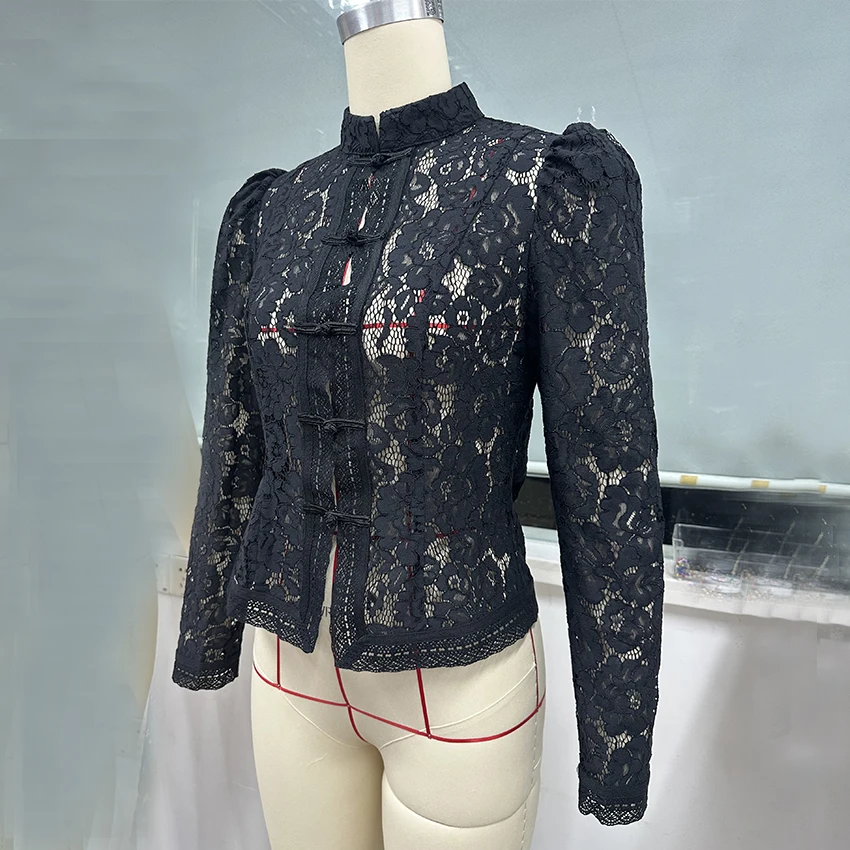 Linad Elegant Embroidery Puff Sleeve White Shirts Summer Sexy Hollow Out Lace Blouse Casual Sand Collar Top 2025 Vintage Shirts