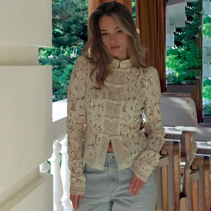 Linad Elegant Embroidery Puff Sleeve White Shirts Summer Sexy Hollow Out Lace Blouse Casual Sand Collar Top 2025 Vintage Shirts