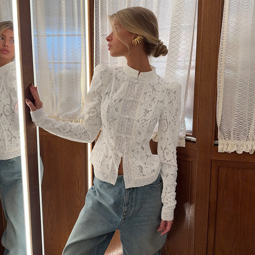 Linad Elegant Embroidery Puff Sleeve White Shirts Summer Sexy Hollow Out Lace Blouse Casual Sand Collar Top 2025 Vintage Shirts